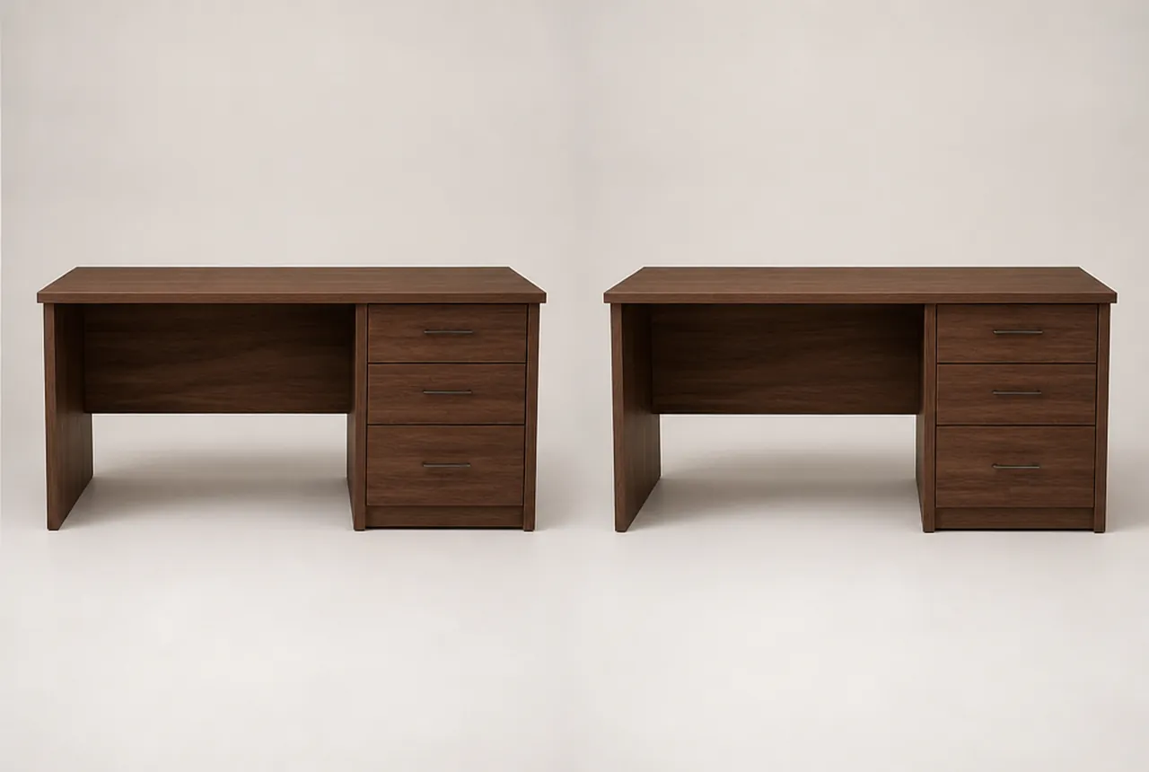 Two similar wooden desks with different drawer fronts