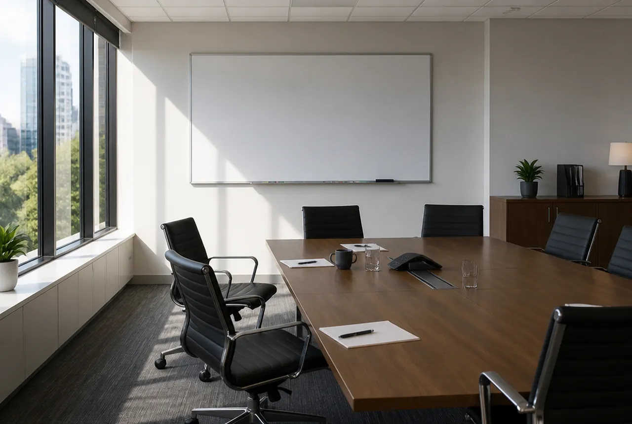 Empty conference room with a blank whiteboard and chairs pulled out from the table