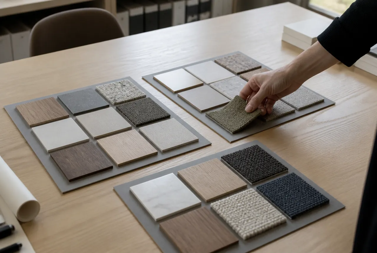 Comparing upholstery, wood and surface samples on a materials board