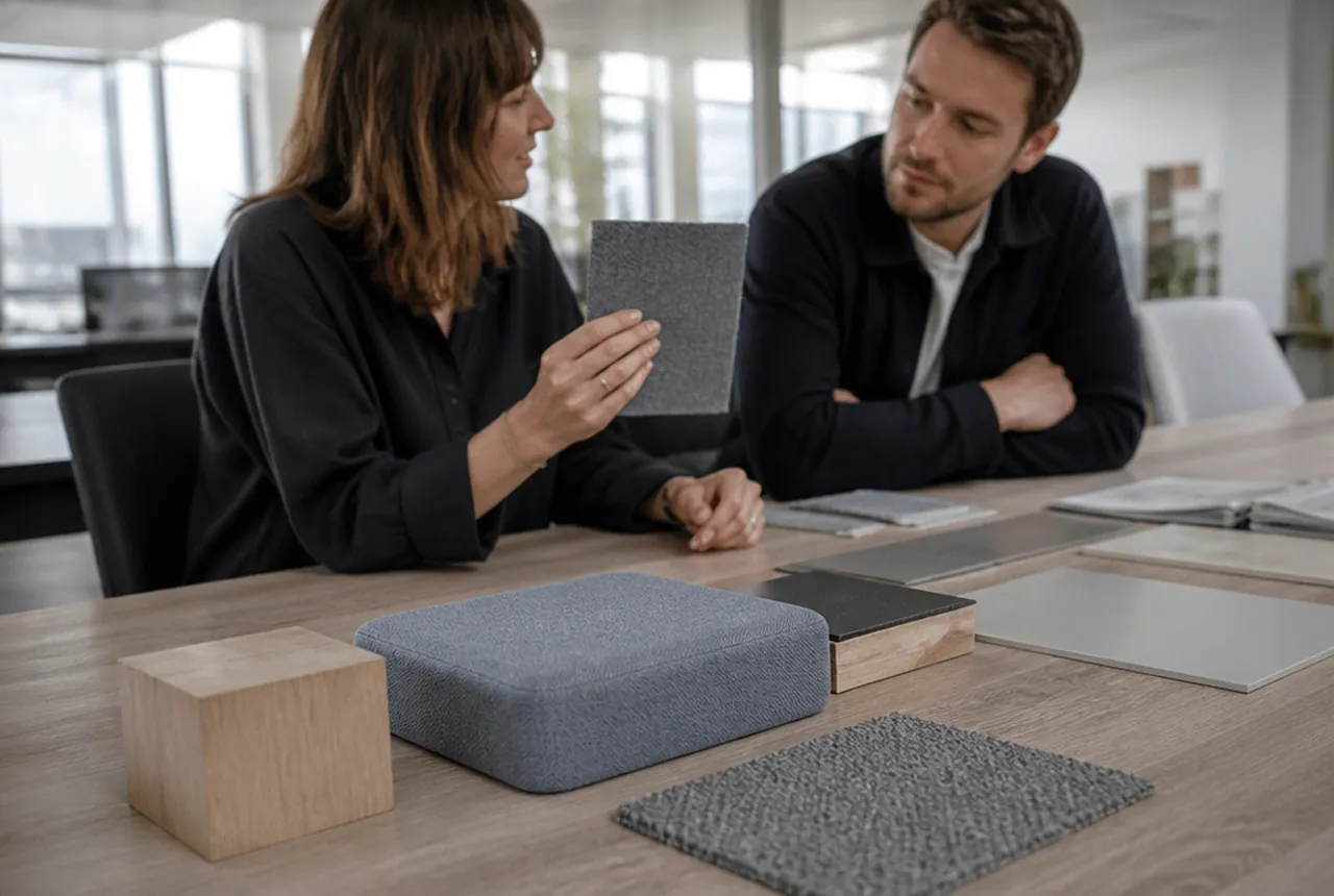 Two people seated at a table with a wooden block, a gray cushion and rectangular material samples