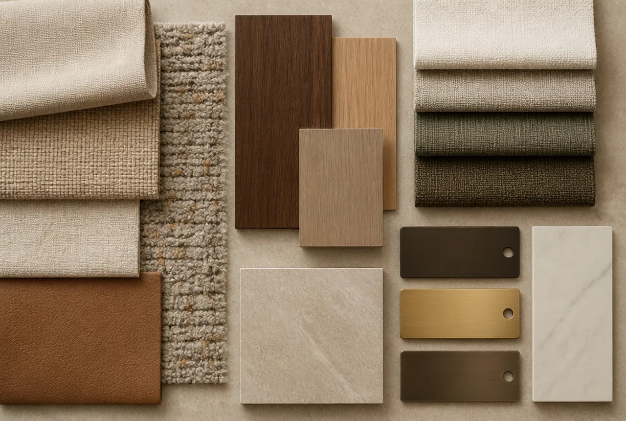 Guest room materials board pairing wood veneer, warm neutral upholstery, carpet and drapery samples