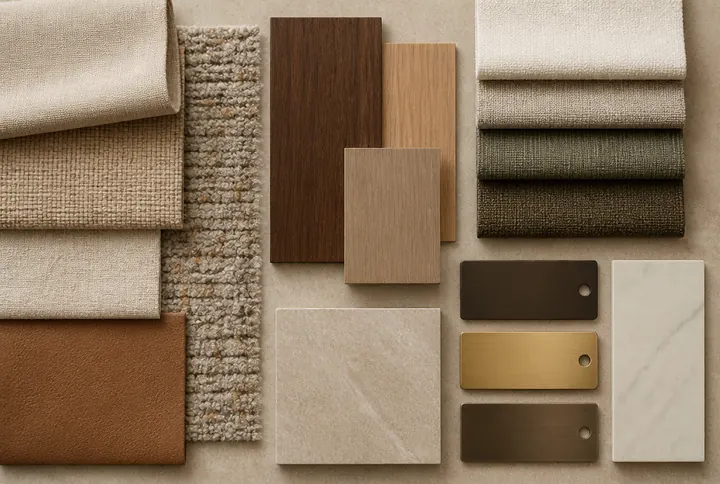 A coordinated palette of upholstery, timber, stone and metal finishes