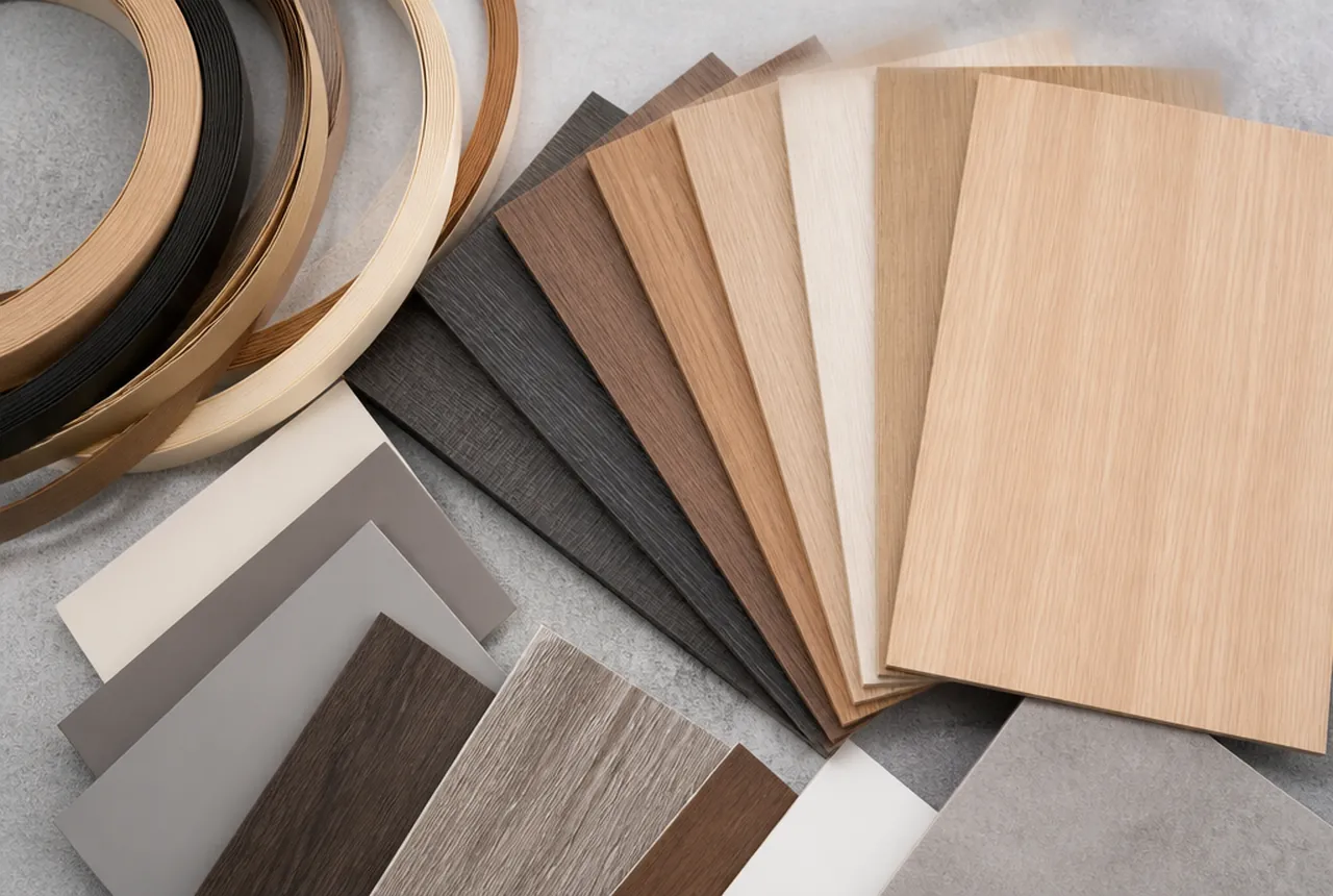 Casegood laminate samples with the edge banding detail shown in profile