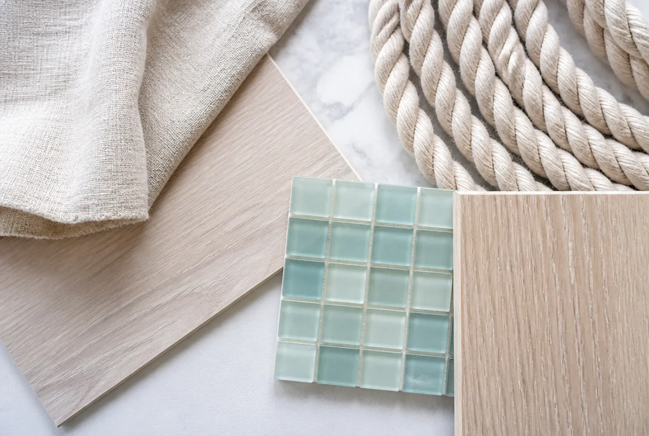 Coastal materials palette of bleached timber, sea glass tones and woven texture