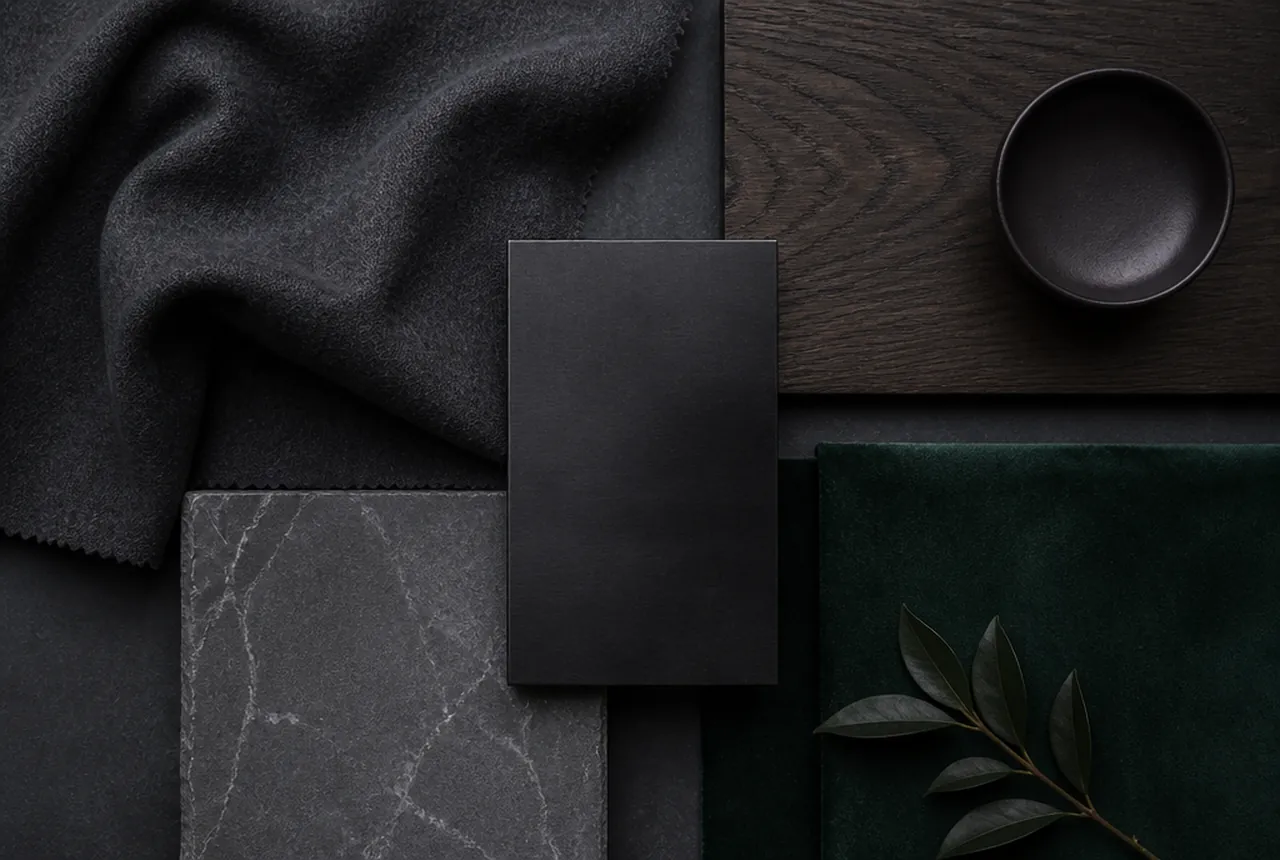 Dark materials palette of deep stained timber, charcoal textile and blackened metal