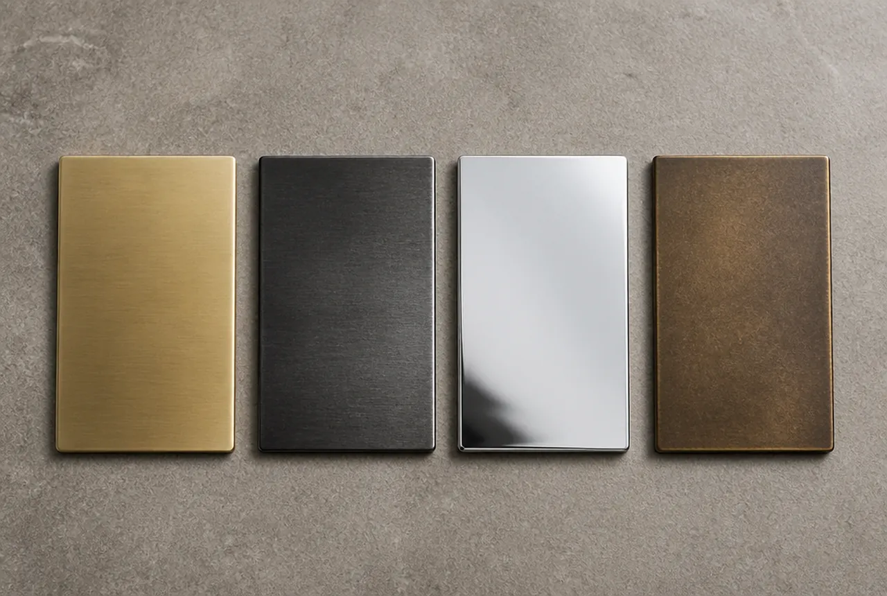 Metal finish samples in brushed, plated and powder coated options
