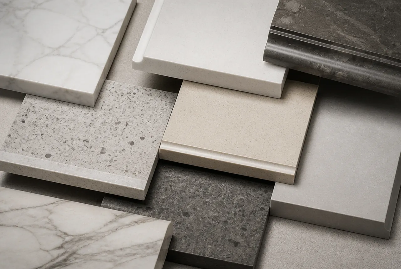 Natural stone and engineered quartz worktop samples in honed and polished finishes