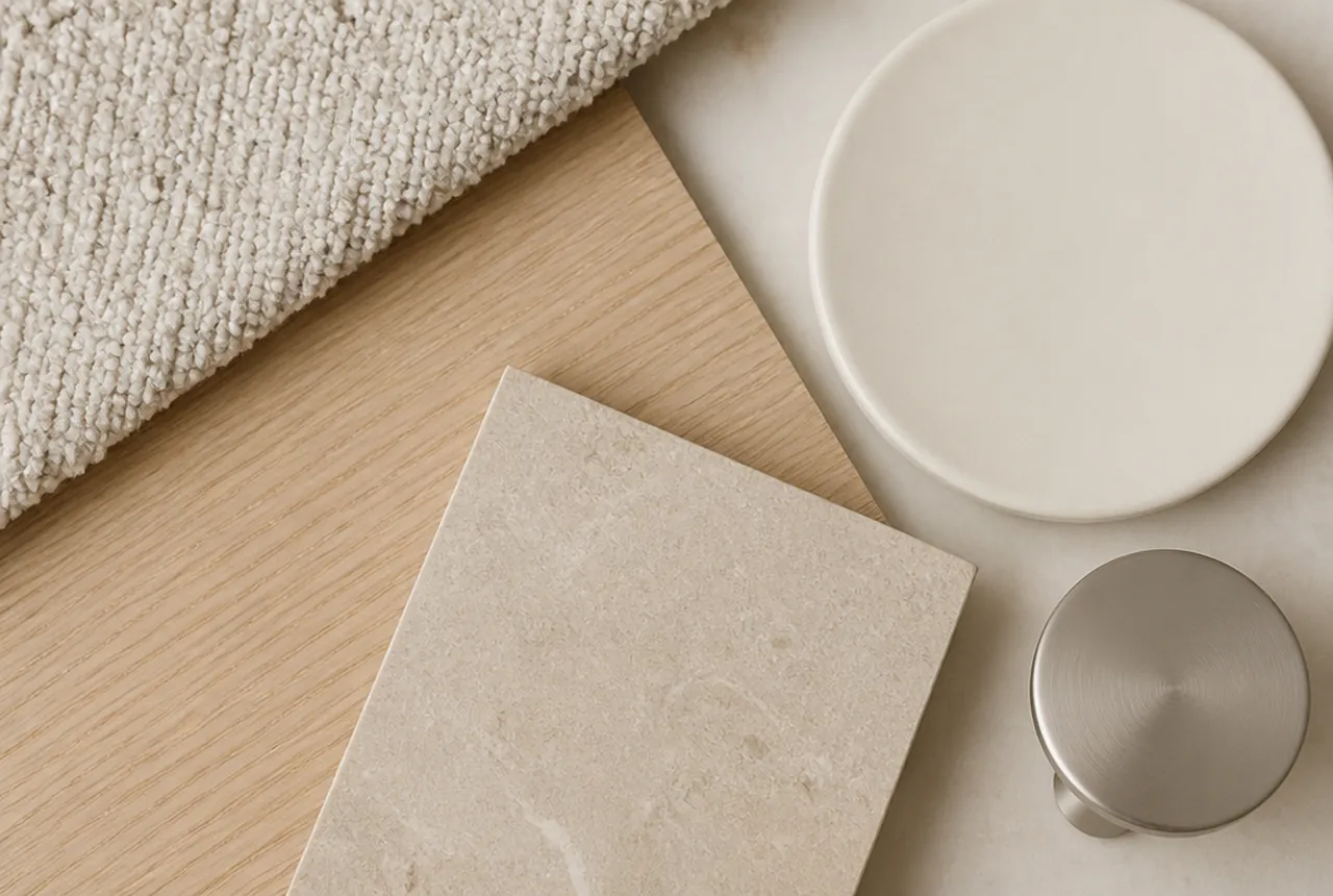 Warm neutral materials palette of pale oak, oatmeal textile and soft brass