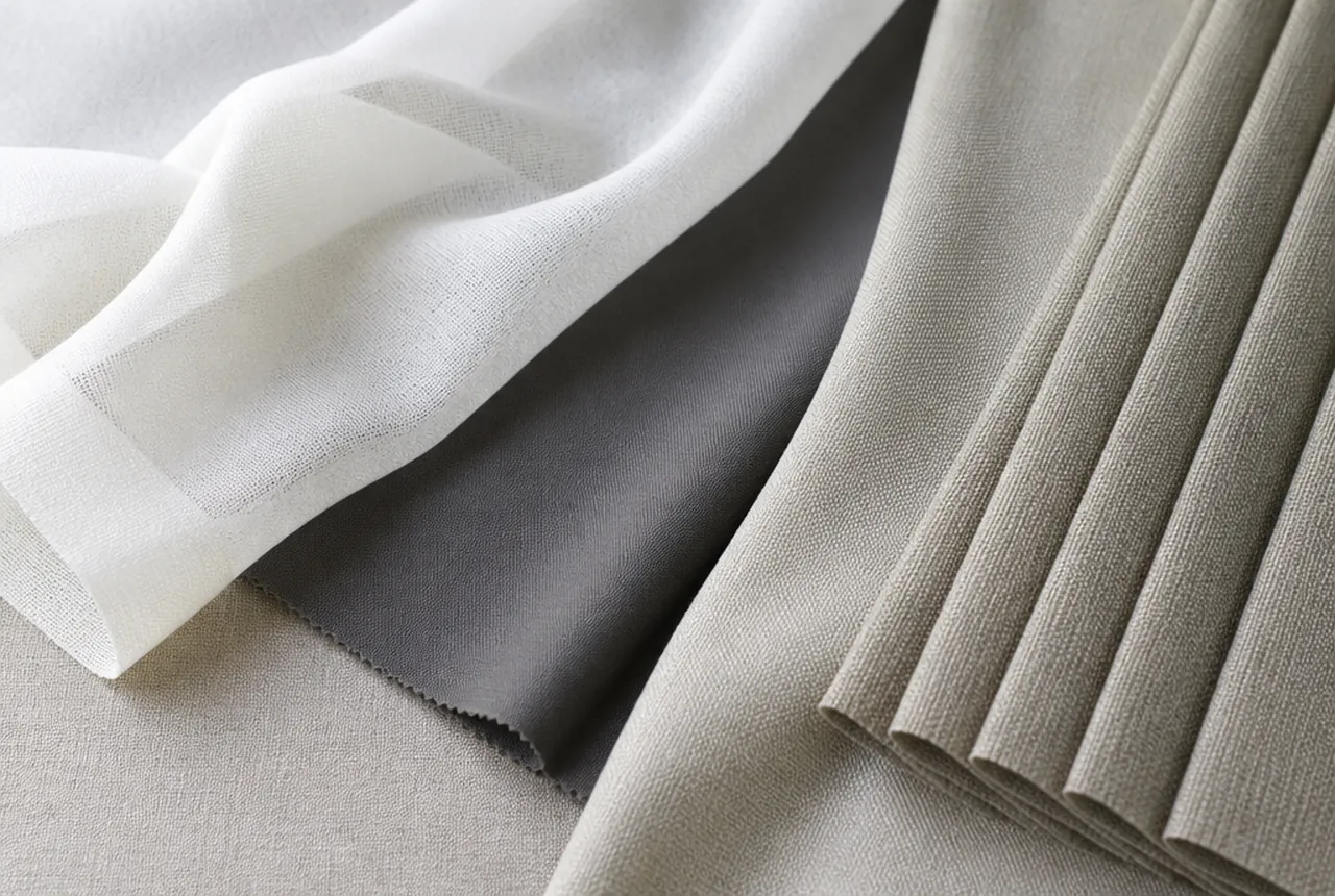 Window treatment samples ranging from open sheers to blackout lining weights