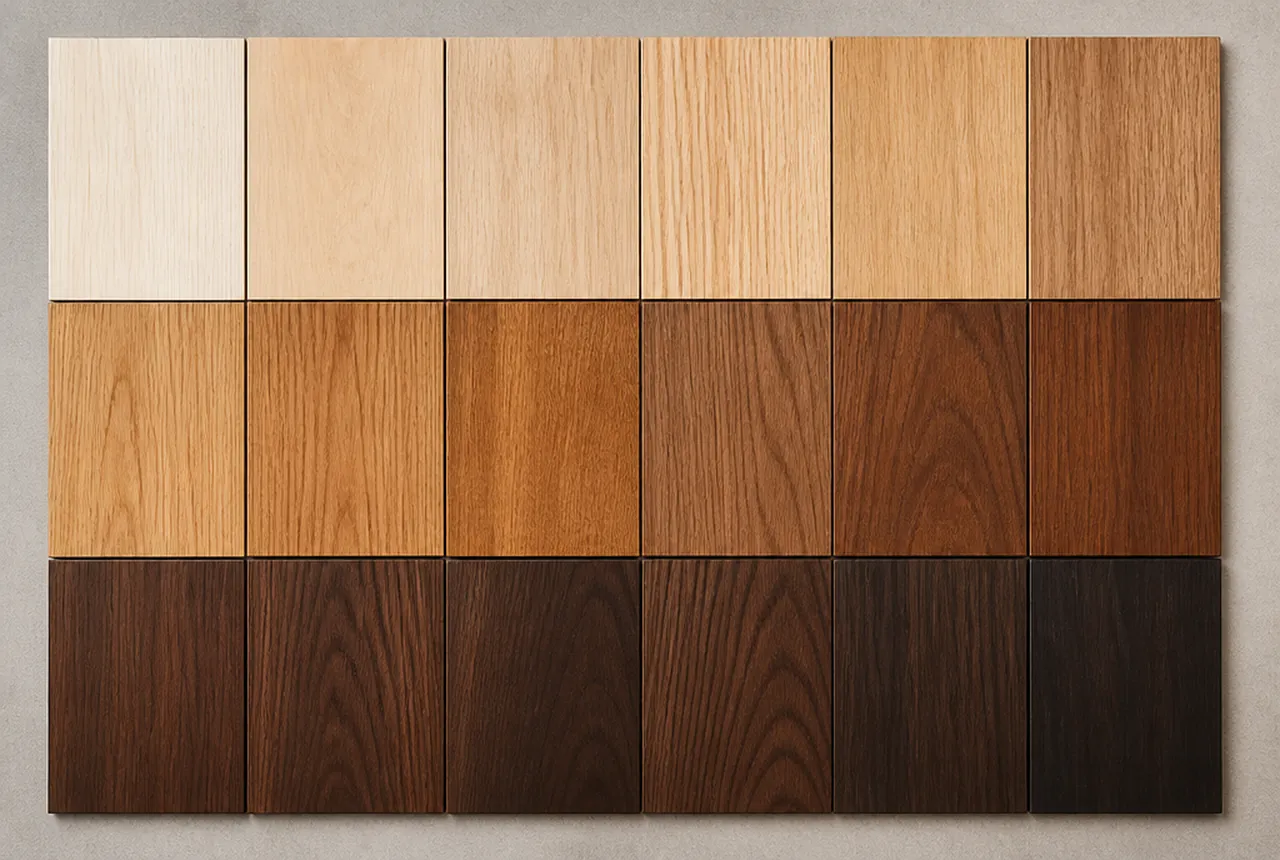 Wood veneer samples in a graduated range of stains and topcoat sheens