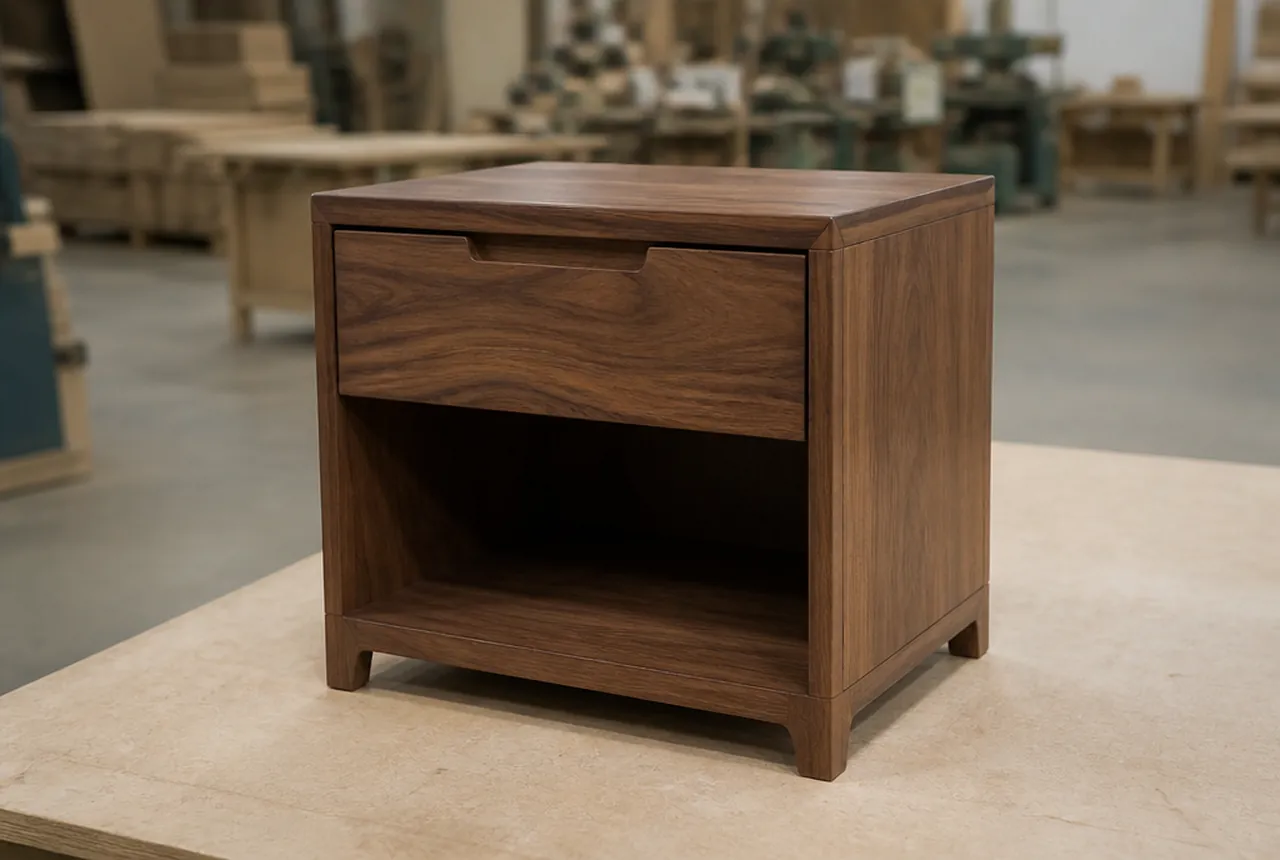 A wood-finish bedside cabinet with a drawer and open lower shelf on a workshop bench
