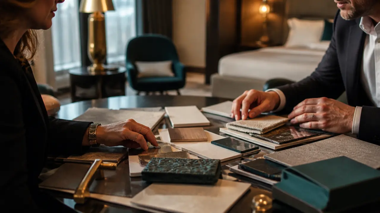 Two people comparing fabric books and material samples across a table