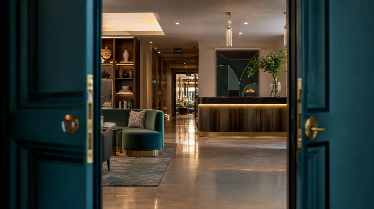 Teal double doors opening onto a boutique hotel lobby with brass reception desk and lounge seating