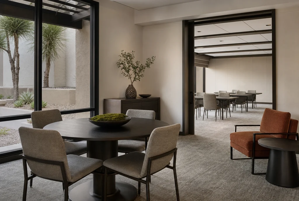Arizona hotel meeting furniture with coordinated seating and tables.