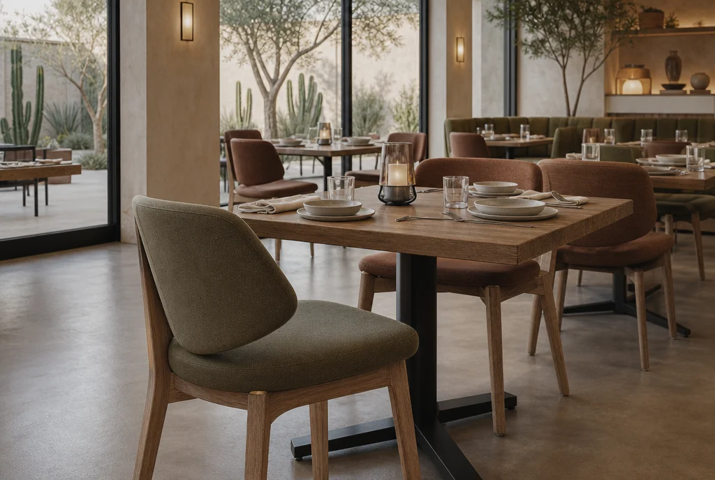 California hotel dining furniture with coordinated seating and tables.