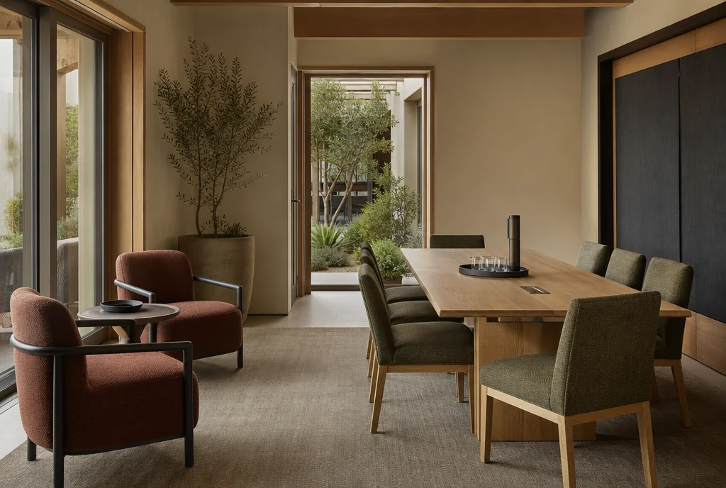 California hotel meeting-area furniture with coordinated seating and tables.