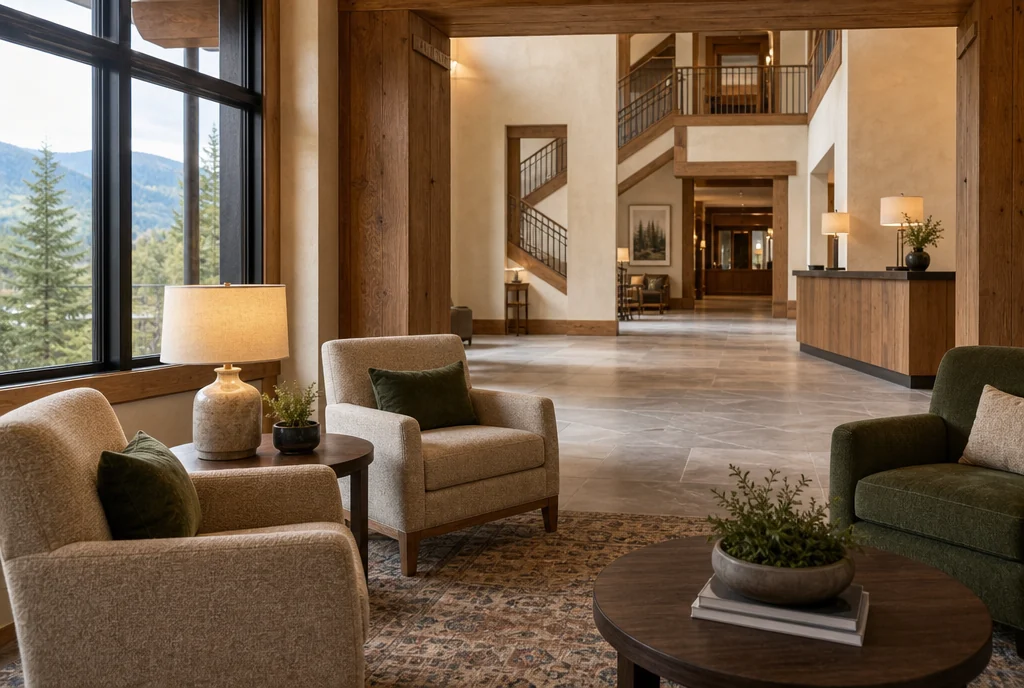 Colorado hotel lobby furniture with coordinated seating and tables.