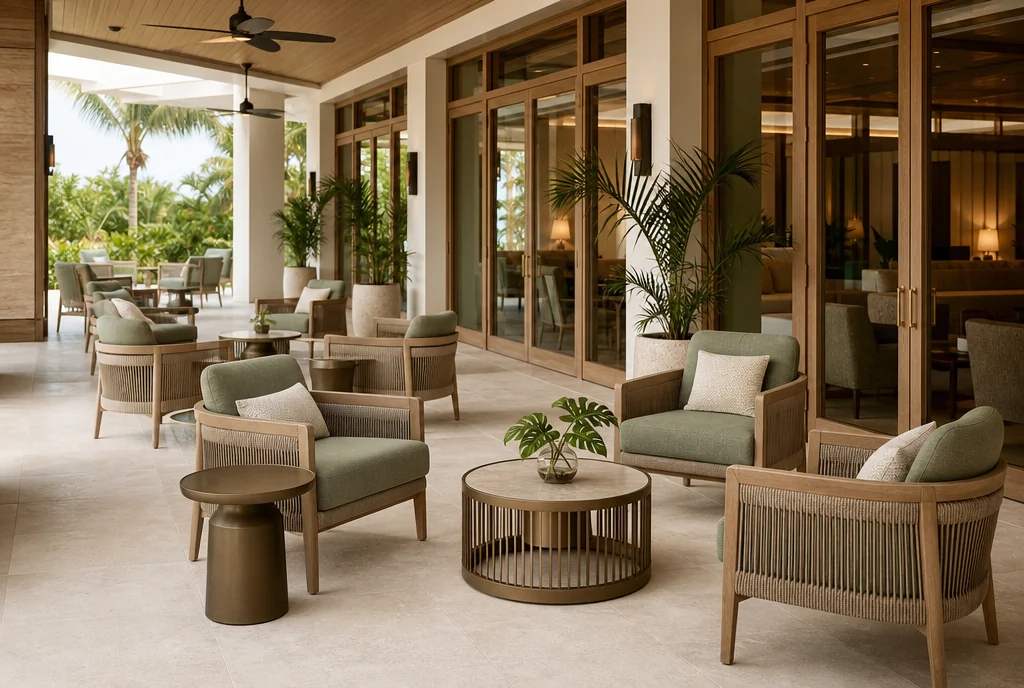 Florida hotel lounge furniture with coordinated seating and tables.