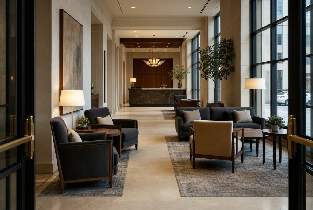 Illinois hotel lobby furniture with coordinated seating and tables.