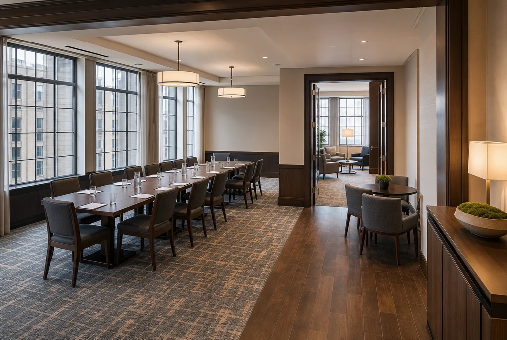 Illinois hotel meeting furniture with coordinated seating and tables.
