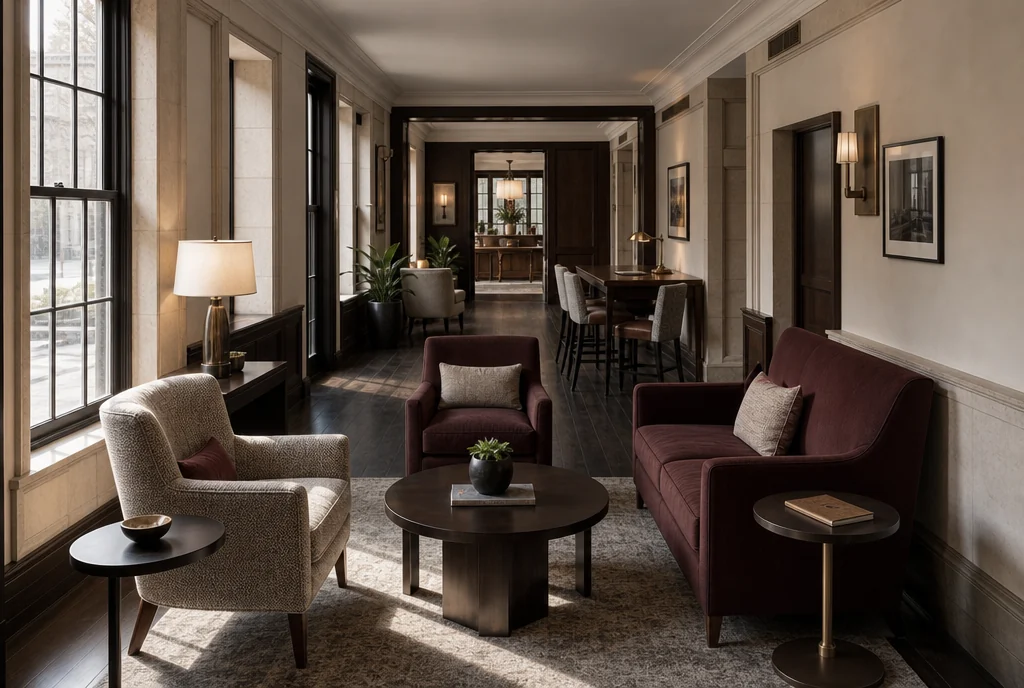 Massachusetts hotel lounge furniture with coordinated seating and tables.