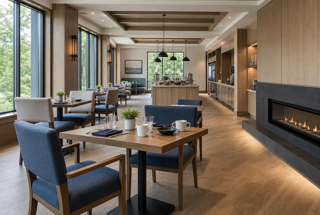 Michigan hotel dining furniture with coordinated seating and tables.