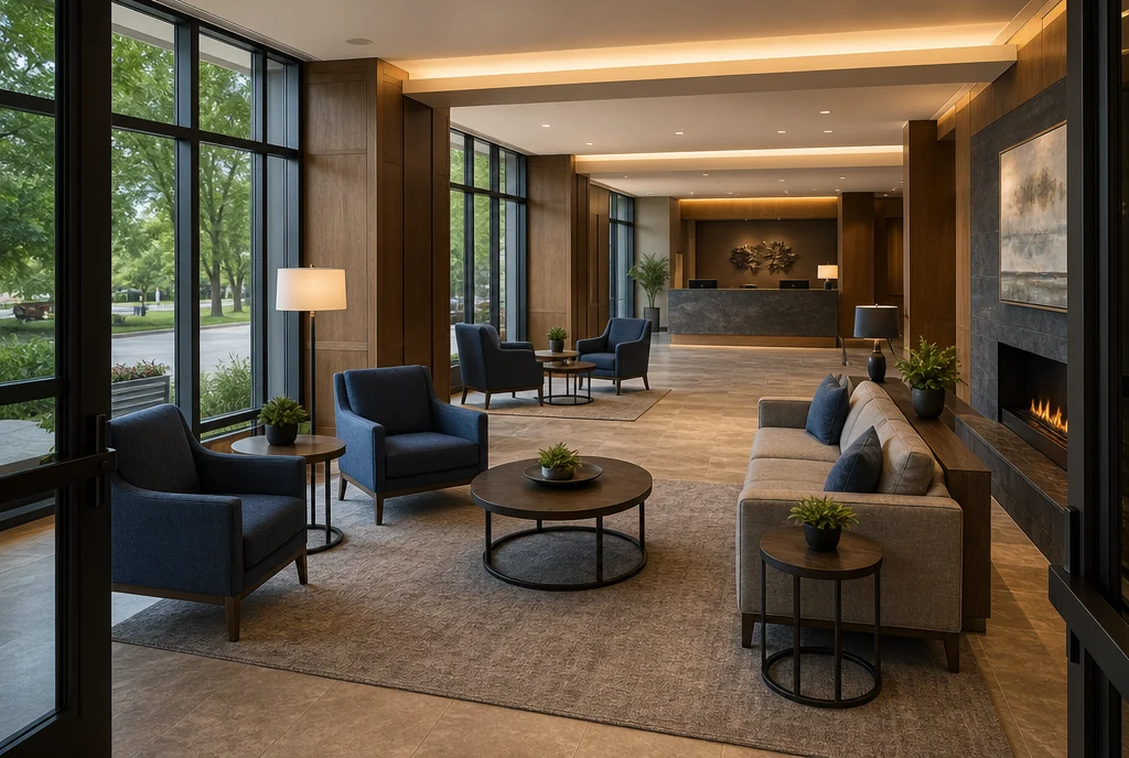 Michigan hotel lobby furniture with coordinated seating and tables.