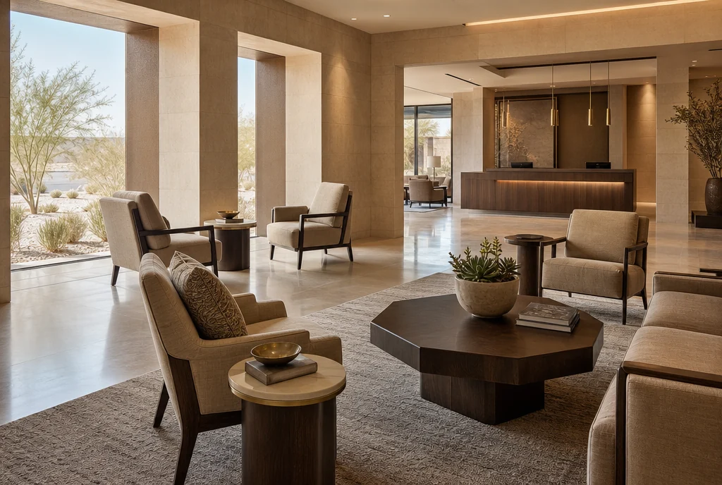 Nevada hotel lobby furniture with coordinated seating and tables.