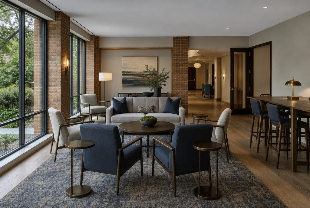 New Jersey hotel lounge furniture with coordinated seating and tables.