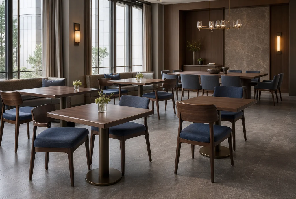 New York hotel dining furniture with coordinated seating and tables.