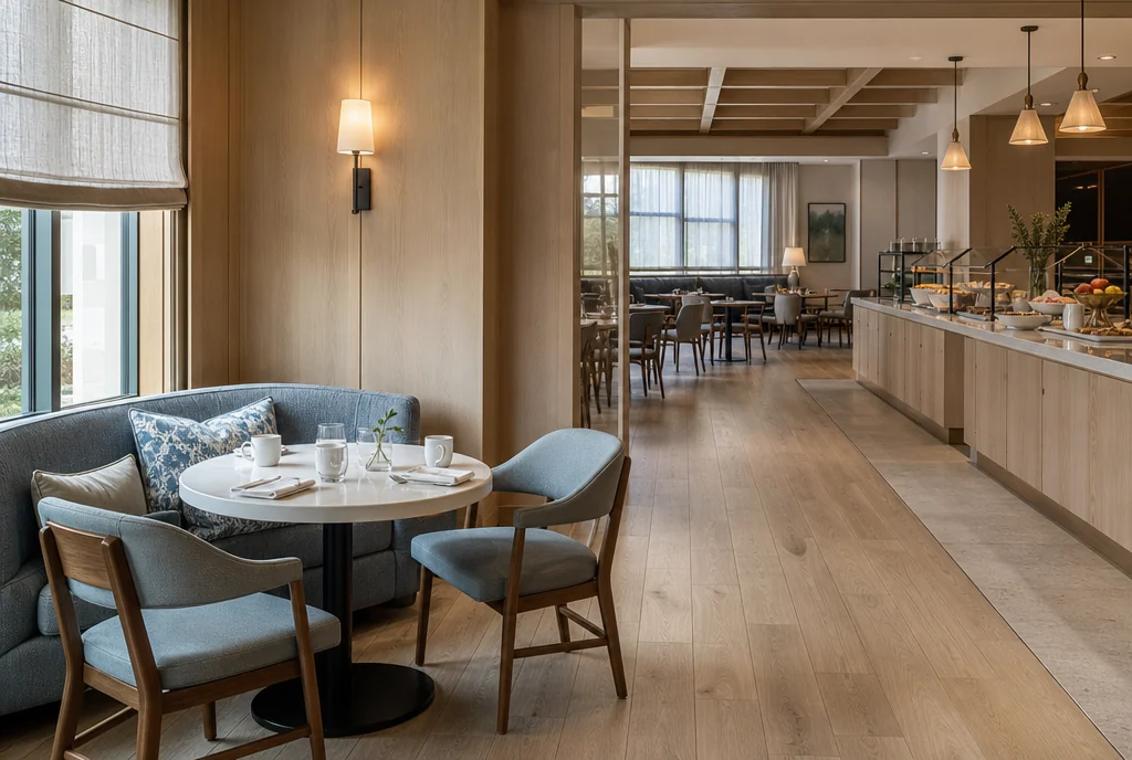 North Carolina hotel dining furniture with coordinated seating and tables.