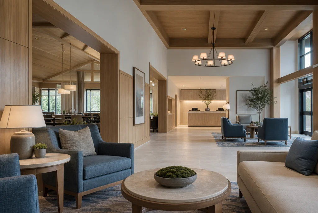 North Carolina hotel lobby furniture with coordinated seating and tables.