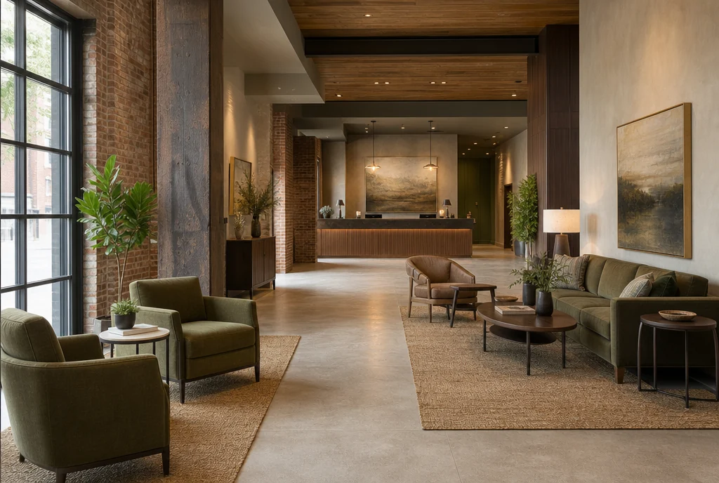 Ohio hotel lobby furniture with coordinated seating and tables.