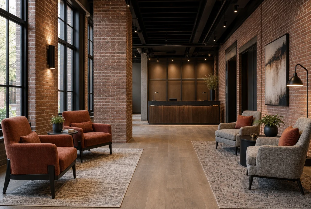 Pennsylvania hotel lobby furniture with coordinated seating and tables.