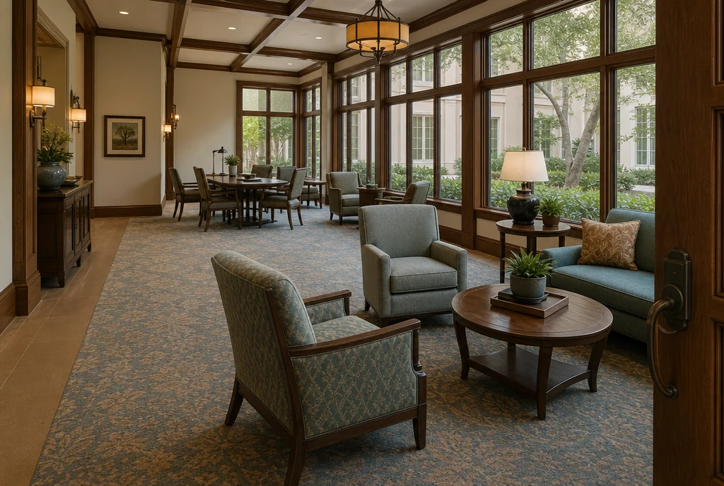 South Carolina hotel lounge furniture with coordinated seating and tables.