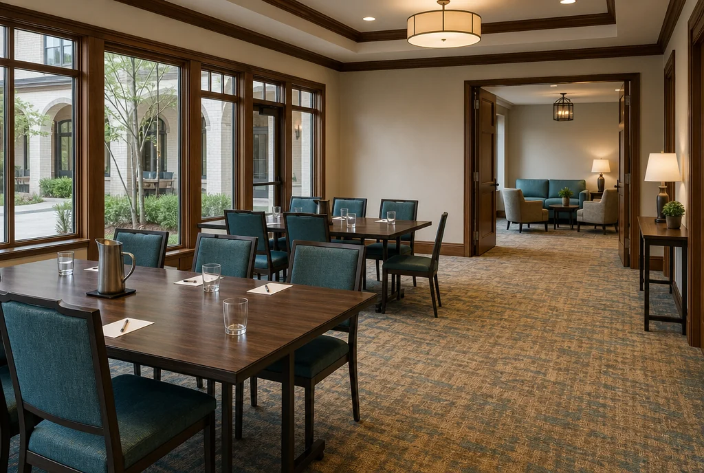 South Carolina hotel meeting furniture with coordinated seating and tables.