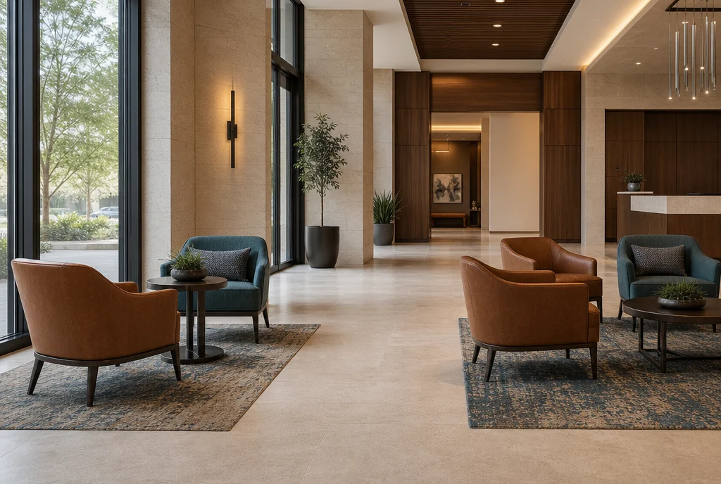 Texas hotel lobby furniture with coordinated seating and tables.
