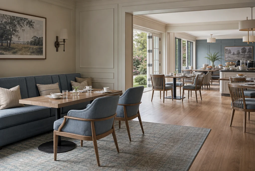 Virginia hotel dining furniture with coordinated seating and tables.