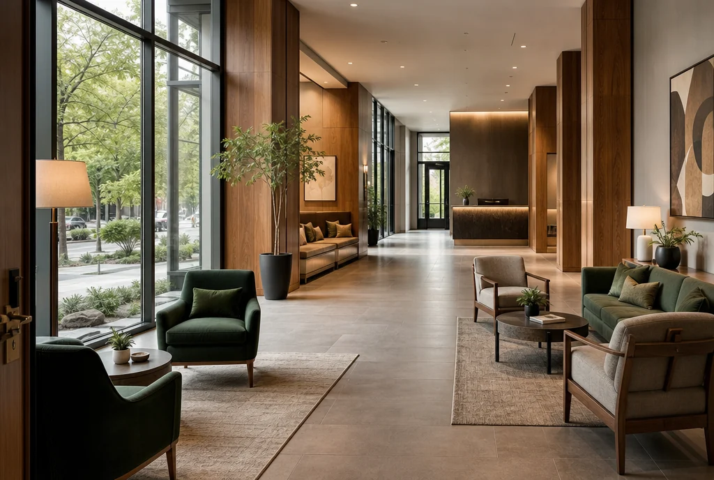 Washington hotel lobby furniture with coordinated seating and tables.